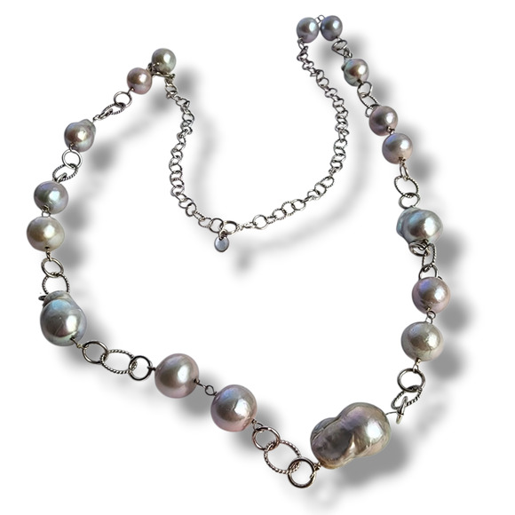 Signed LUC 925 CN Lucas Lameth Sterling Silver Gray Baroque Pearl Necklace long - Picture 1 of 10